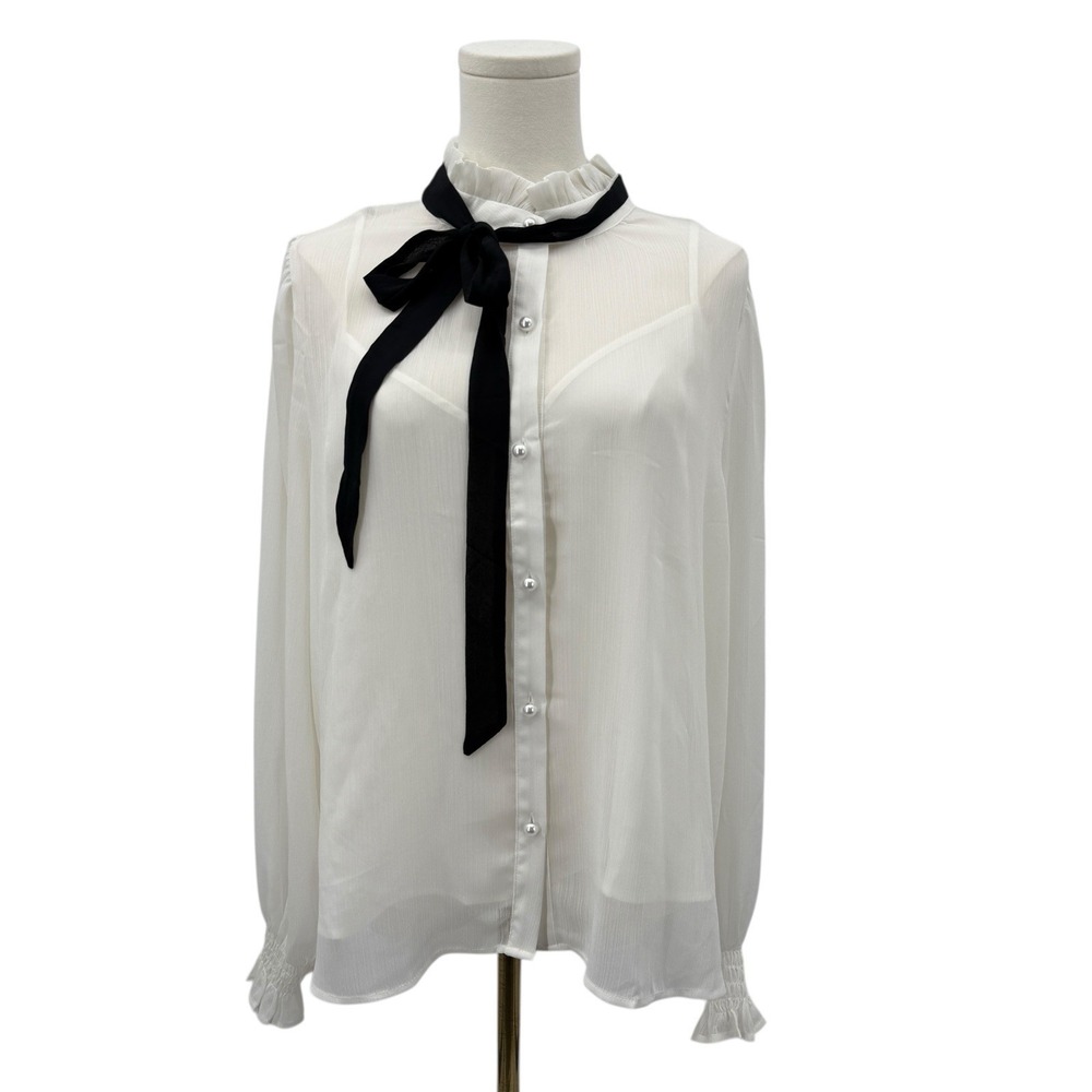 LOFT Sheer Blouse XL NWT White‎ Pearl Button Tie Neck Top Cami Lined Romantic